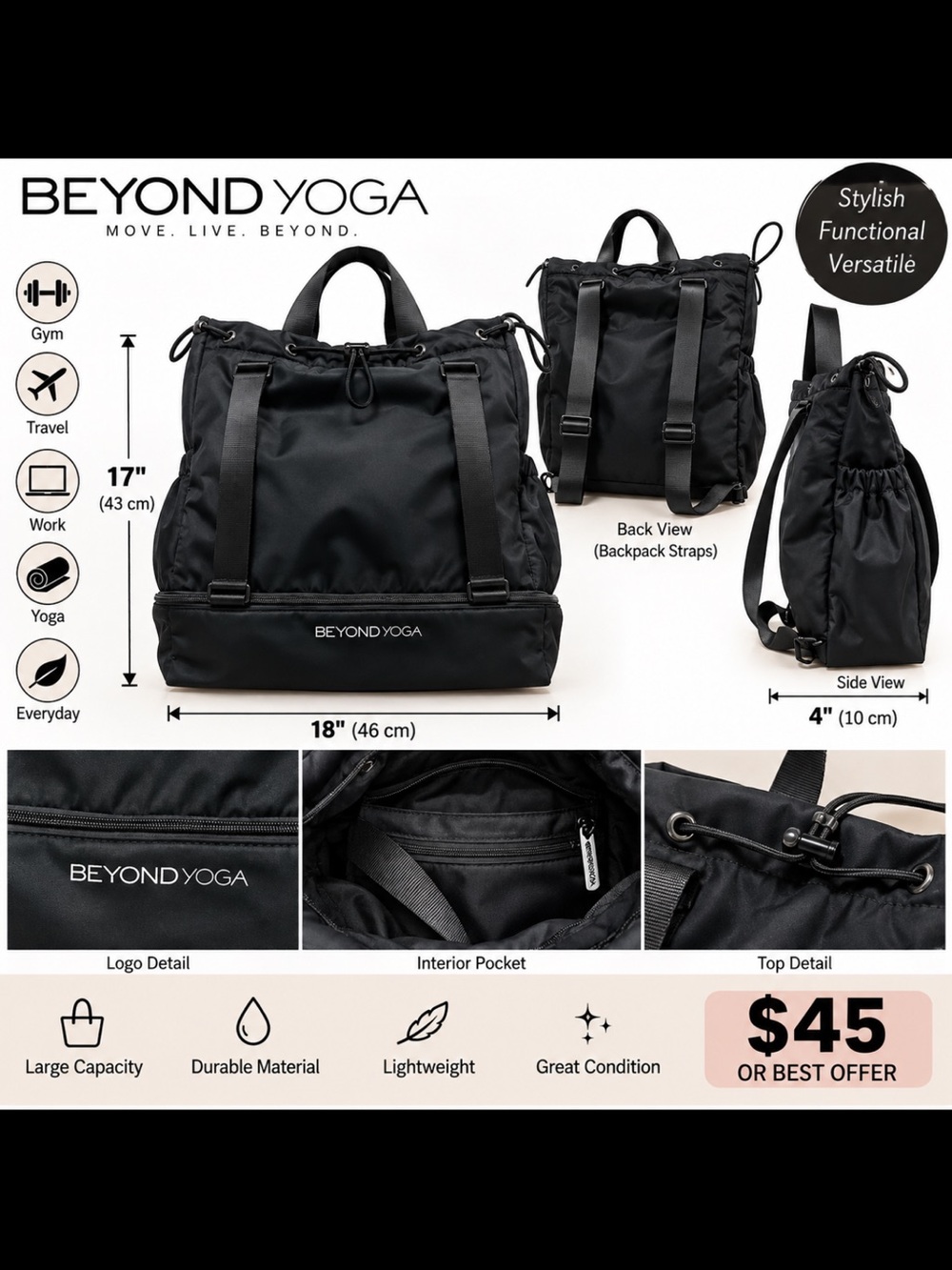 Beyond Yoga Black Drawstring Convertible Backpack Tote